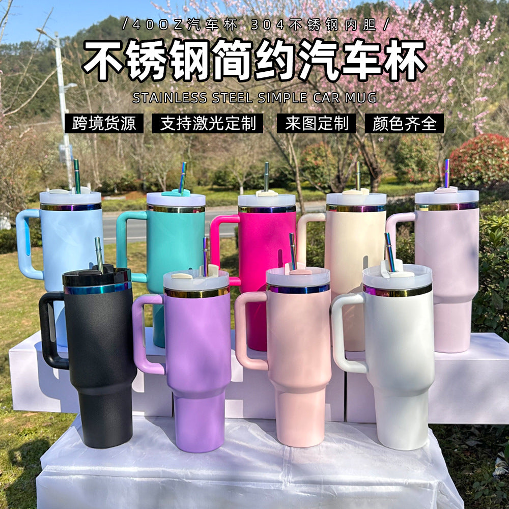 Cross-border 304 Stainless Steel 40oz Car Cup Handle Cold Ice Cup Double-layer Multi-color Car Thermos Cup Wholesale